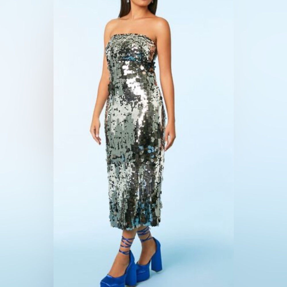 Sequin bodycon strapless midi dress nwot - Picture 2 of 5